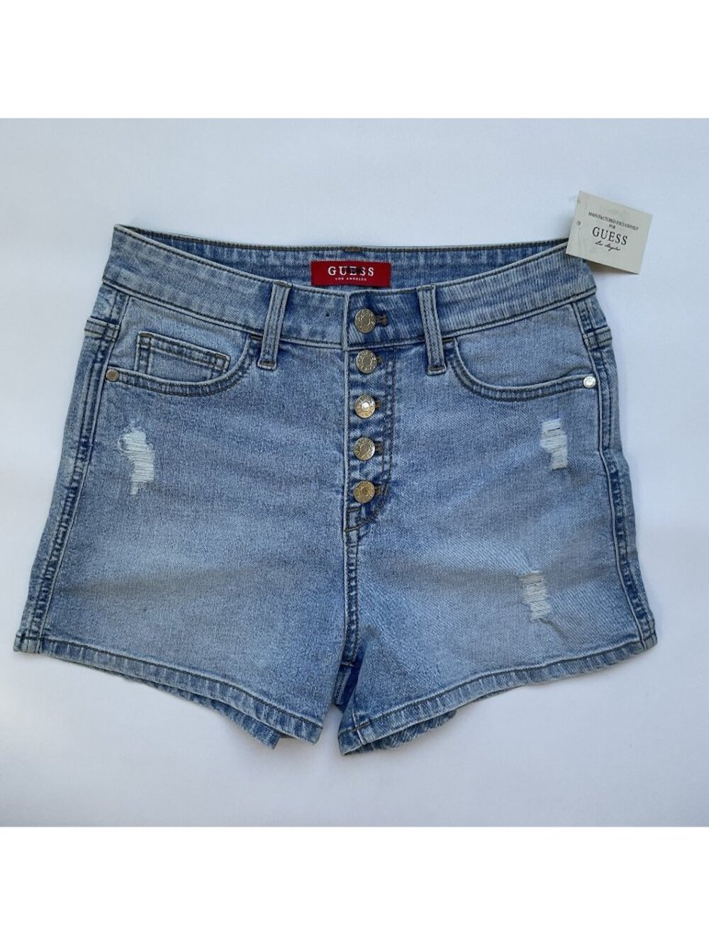 Guess Women’s Button High Waisted Short Distressed Blue Super Stretch Size 27